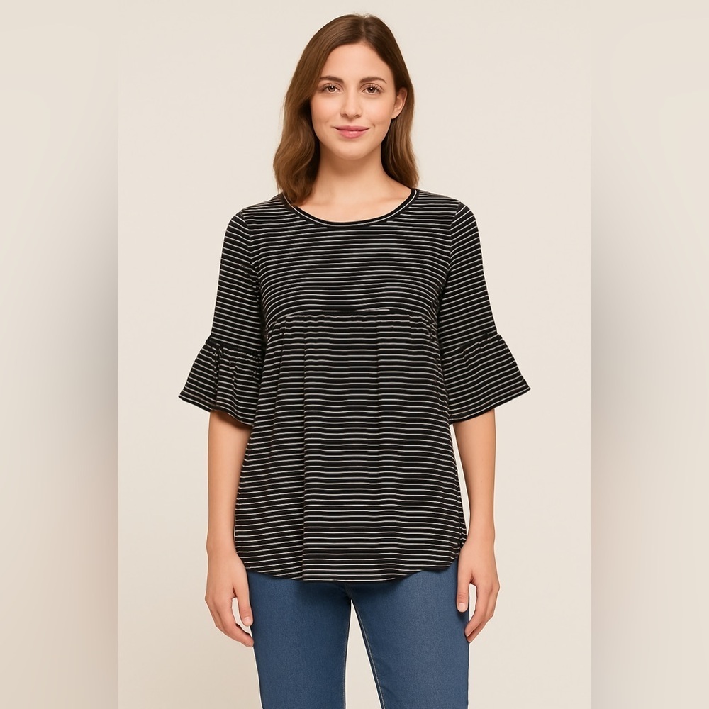 Ces Femme – Black & White Striped Flounce Sleeve Babydoll Top (Sz M)